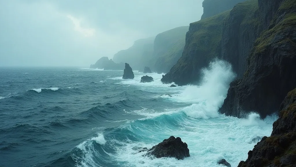 Falaises de granit massif dominant l'océan agité, vagues s'écrasant contre les rochers noirs sous un ciel couvert.