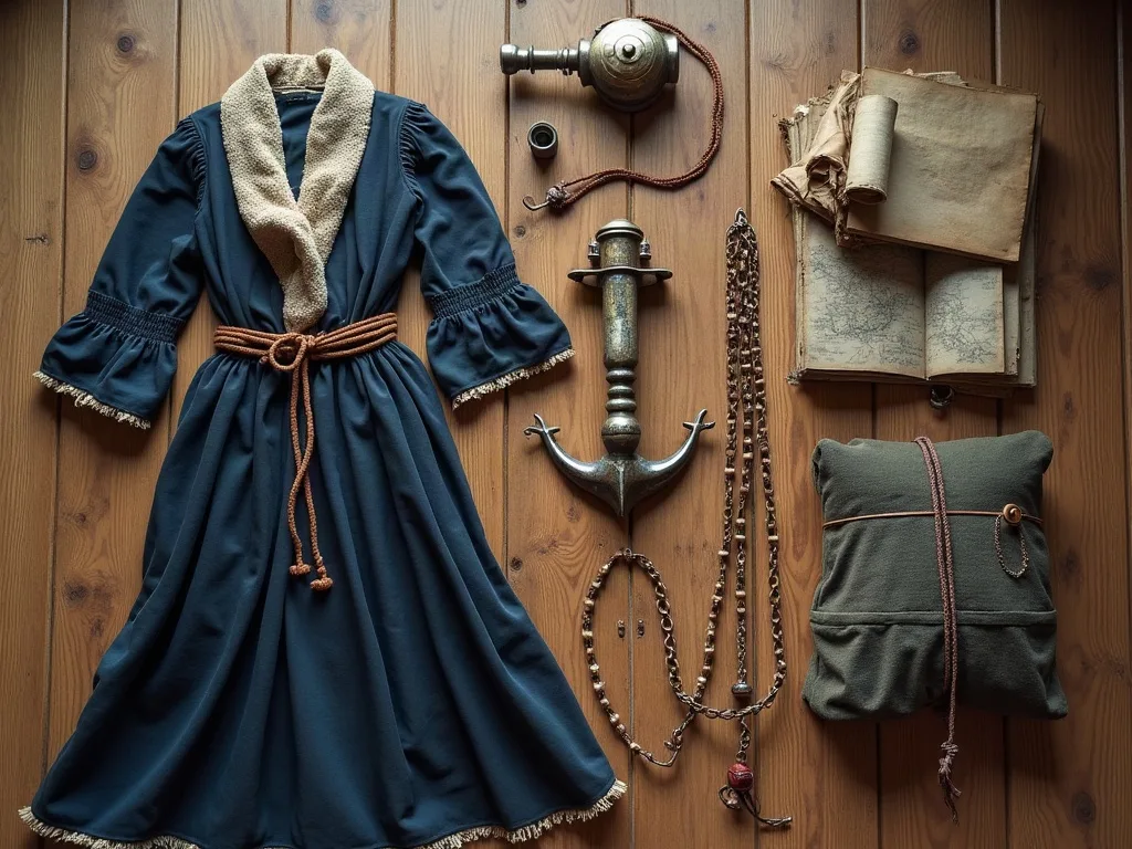 Robe bleue à col de laine, ceinture en corde, chaînes de perles et sac de toile disposés à plat sur un plancher.