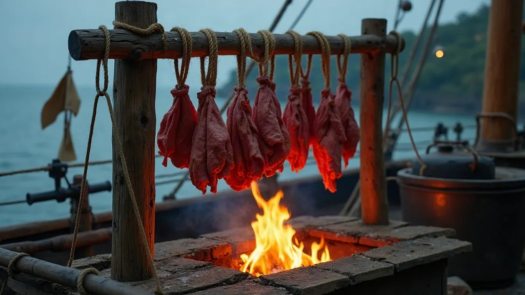 Lanières de viande suspendues par des cordes à une traverse de bois au-dessus d'un foyer de briques, au bord de l'eau.