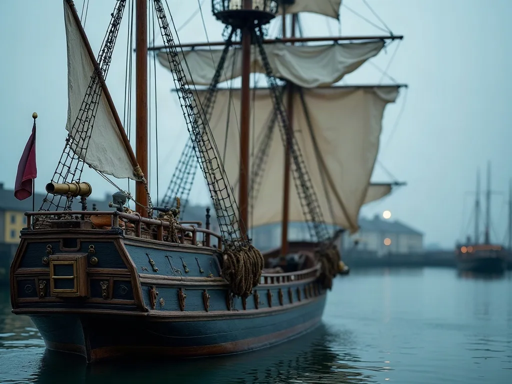 Coque de bois goudronnée et voiles carguées d'un trois-mâts amarré dans un port brumeux au crépuscule.