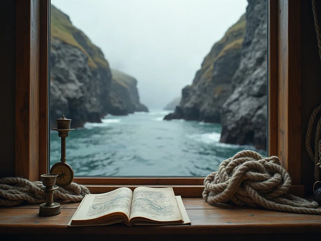 Derrière la vitre d'une cabine, un chenal étroit entre falaises sombres; sur l'appui, carnet ouvert, compas de laiton et cordages lovés.