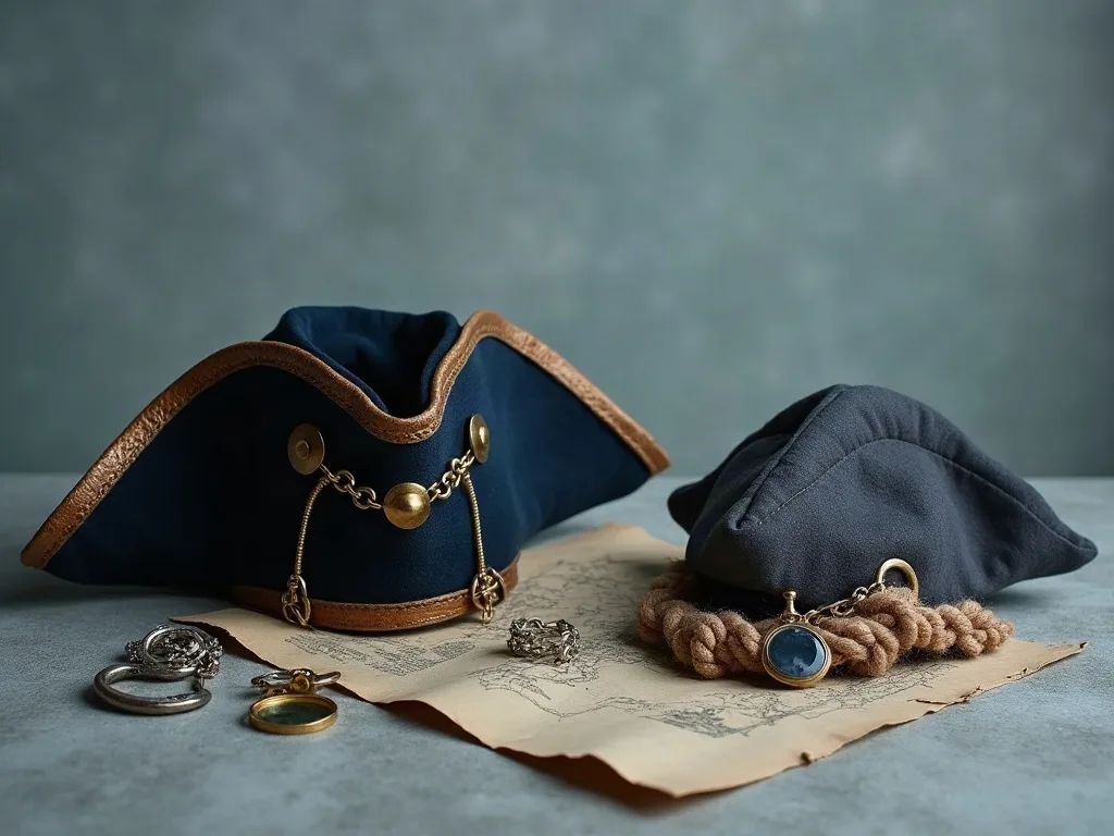 À gauche, un bicorne de feutre bleu à galon de cuir et chaînettes dorées; à droite, un chapeau souple gris, une corde tressée et un médaillon posés sur une carte vieillie.