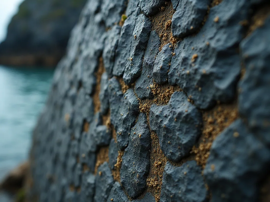 Paroi de basalte gris aux blocs anguleux, joints de sable doré, face à l'eau turquoise d'une crique.