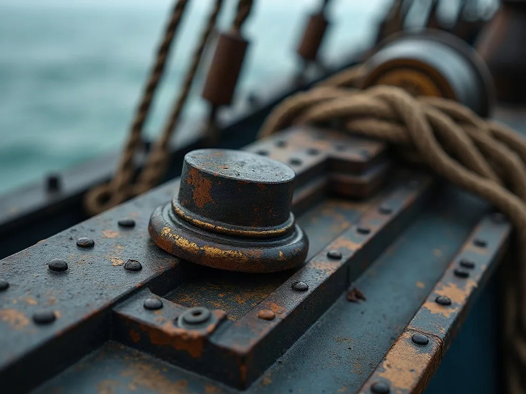 Boulon rouillé et rivets sur la plaque métallique oxydée de la coque d'un navire ancien.