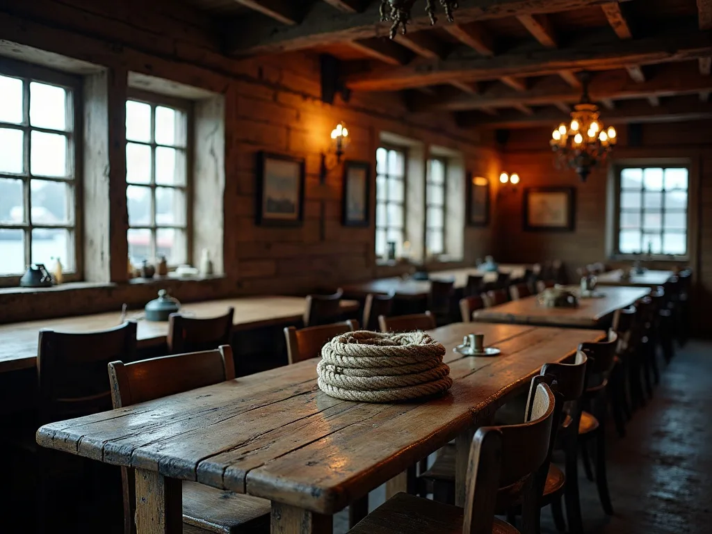 Cordage enroulé sur table en bois dans une taverne maritime aux poutres apparentes et éclairage aux bougies.