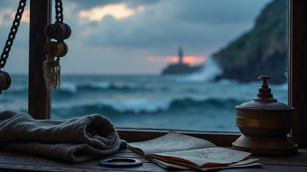 Carte marine, cloches de navire et lunette auprès d'une fenêtre donnant sur l'océan et un phare au coucher du soleil.