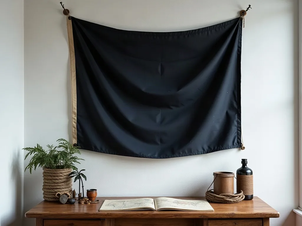 Toile noire tendue entre deux crochets muraux, au-dessus d'un bureau en bois avec carte ouverte et cordages.