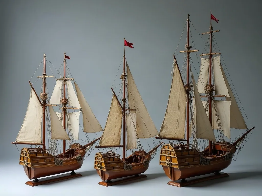 Trois maquettes en bois alignées sur socles, du plus petit gréement au trois-mâts, voiles de toile écrue déployées.