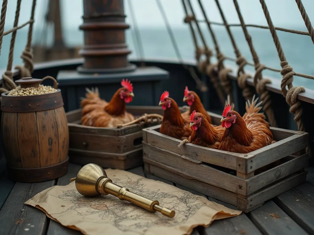 Poules brunes dans des cageots de bois sur le pont, tonneau de grain et longue-vue de laiton posée sur une carte marine.