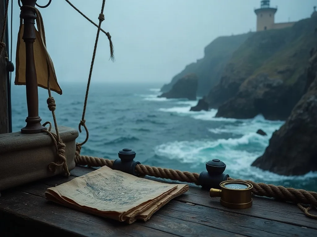 Carte marine et compas sur le pont d'un navire face à une côte rocheuse et un phare au loin.