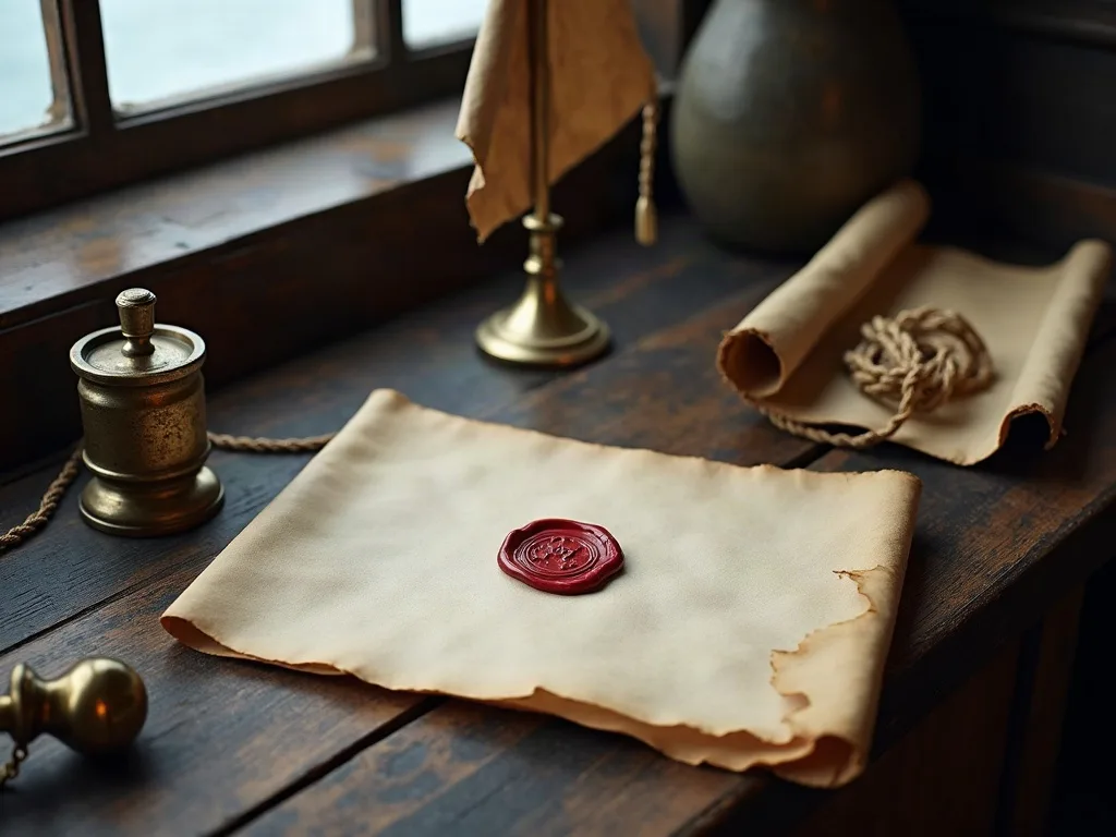 La lettre de marque scellée à la cire rouge, posée sur un bureau de chêne près d'un encrier de laiton.