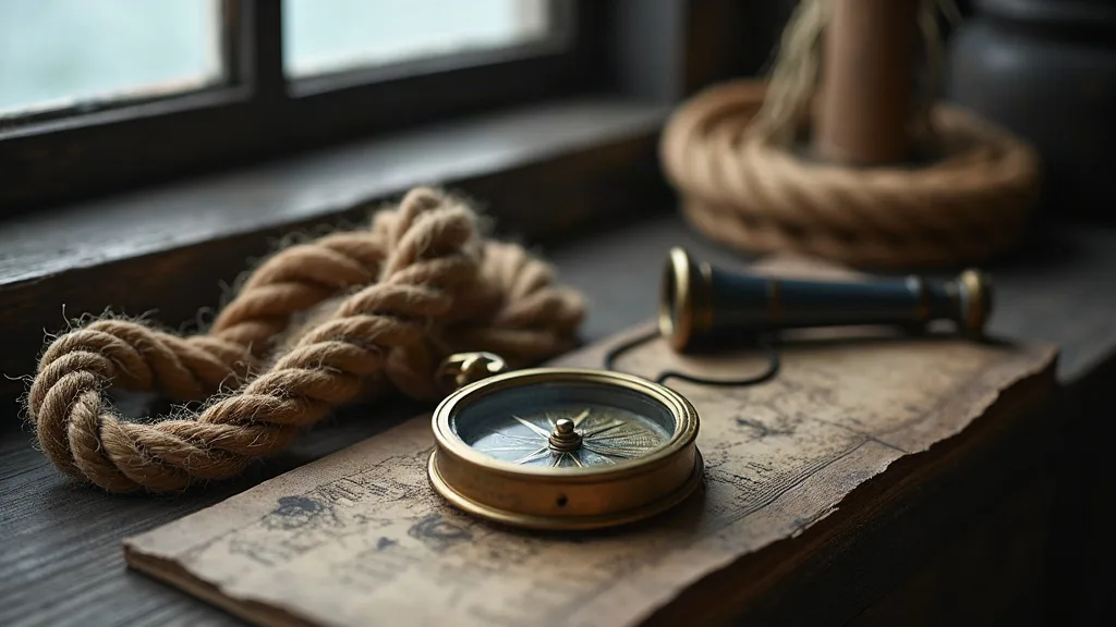 Compas de laiton posé sur une carte marine usée, cordage de chanvre et longue-vue près de la fenêtre.