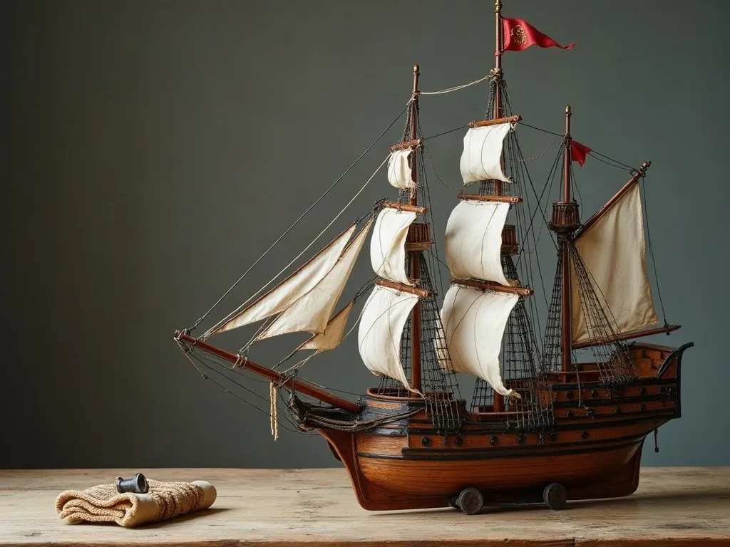 Maquette en bois d'un trois-mâts gréé de voiles claires, pavillon rouge en tête de mât, posée sur une table.