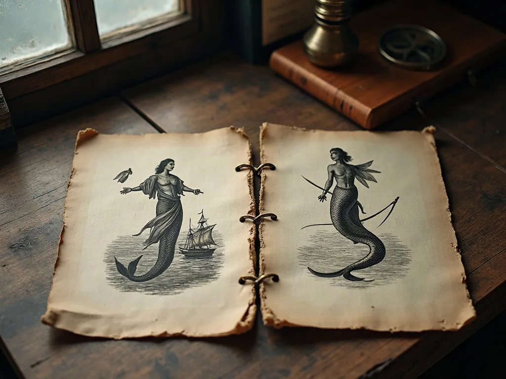 Deux gravures anciennes cousues sur toile écrue, posées près d'une fenêtre: sirène au navire à gauche, triton ailé armé à droite.