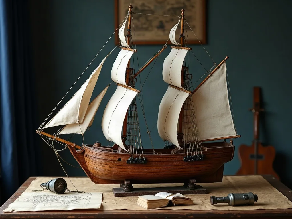 Maquette en bois d'un voilier à deux mâts, voiles de toile écrue et gréement filaire, posée sur une table avec carte, longue-vue et carnet.