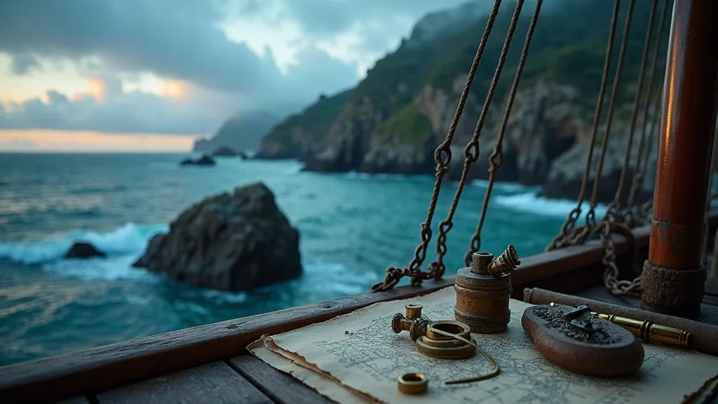 Pont de navire avec carte, boussole et instruments de navigation face à une côte rocheuse escarpée au coucher du soleil.