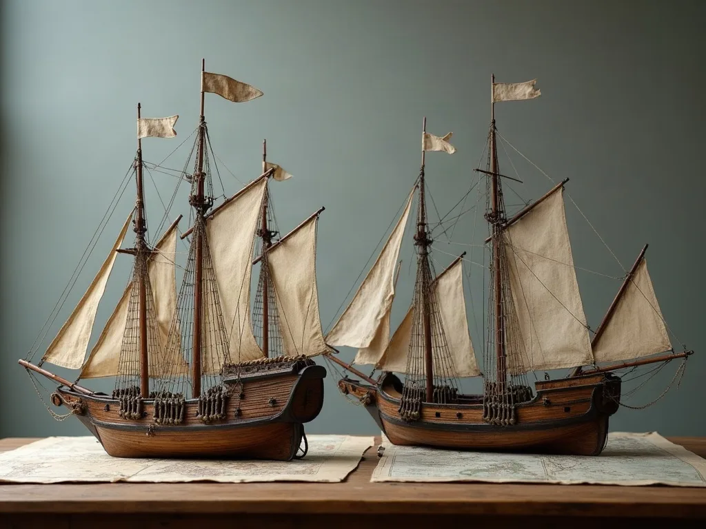 Deux maquettes de voiliers en bois aux voiles de toile écrue, posées sur des cartes marines anciennes.
