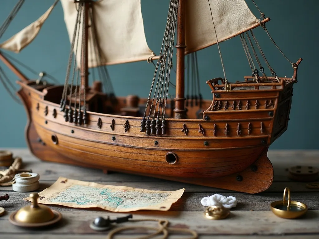 Maquette de voilier en bois posée sur un plateau vieilli, entourée d'une carte marine, d'une cloche et d'un compas en laiton.