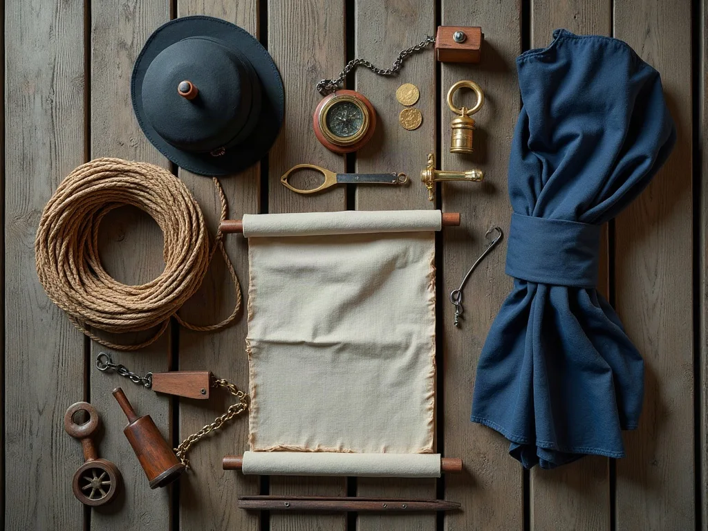 Sur des planches usées: cordage lové, poulies de bois, compas de laiton, toile écrue et chemise bleue nouée.