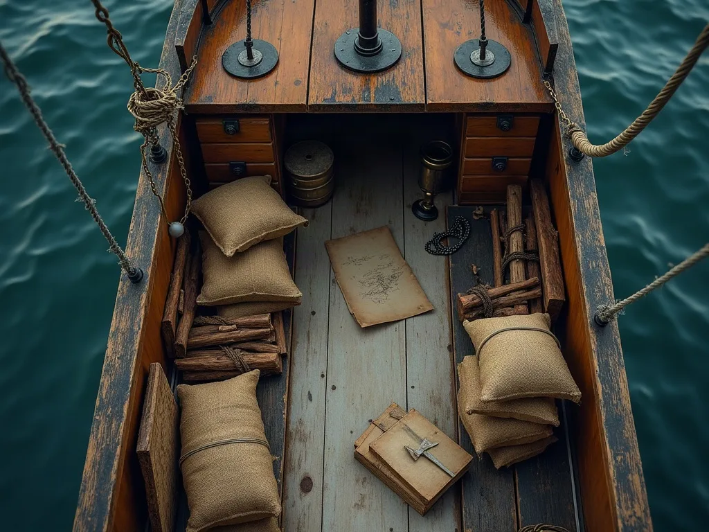 Haut sur la cale ouverte: sacs de jute, bois débité, coffres et panneaux de bois posés à part.