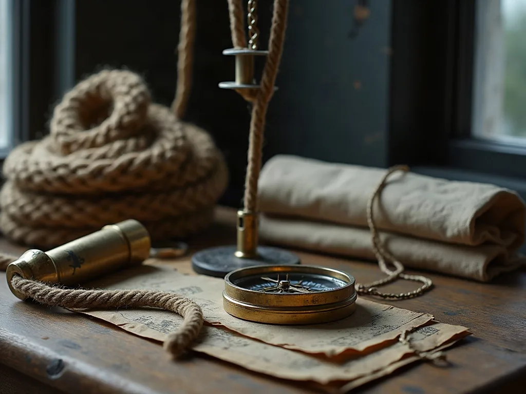 Compas en laiton, cordage lové, longue-vue et toile pliée réunis sur une table de bord en bois près d'une fenêtre.