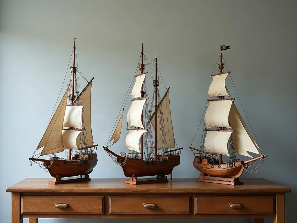 Trois maquettes de voiliers en bois sur socle, alignées sur une console en chêne, voiles de toile écrue déployées.