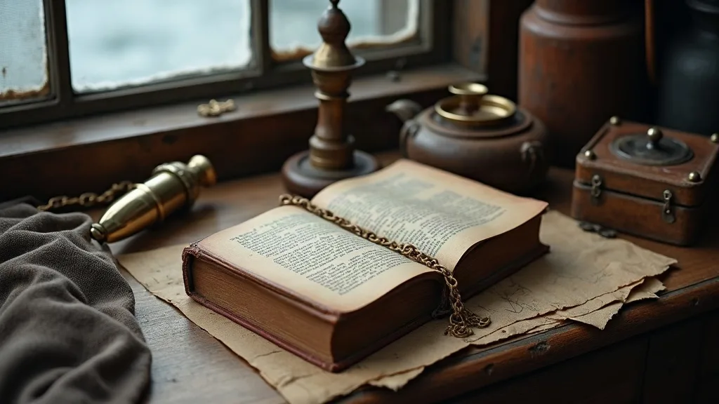 Livre d'aventures ouvert sur un bureau en bois, chaîne en laiton posée entre les pages, près d'une fenêtre embuée.