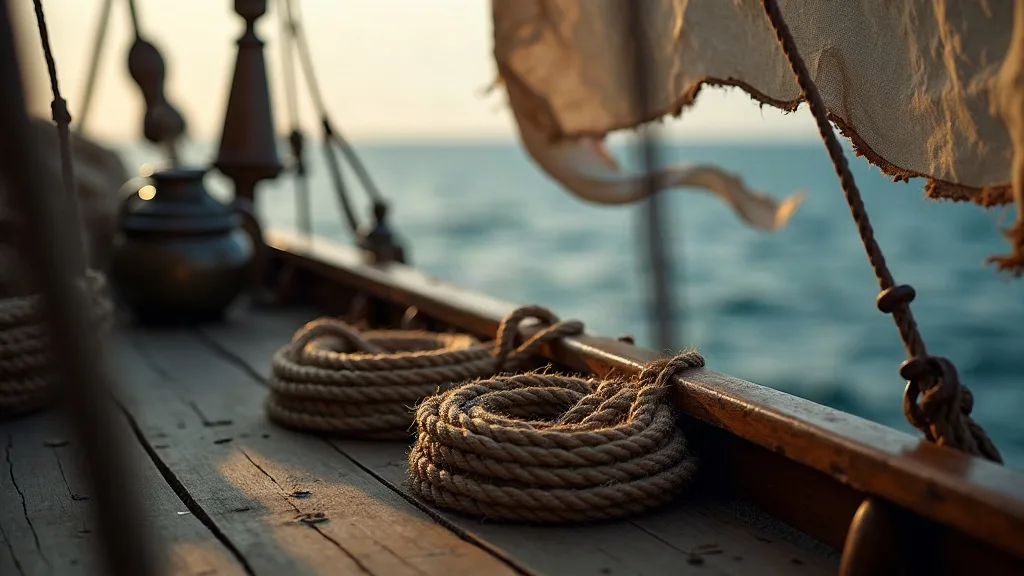 Cordages enroulés sur le pont en bois usé d'un navire, voiles effilochées et horizon océan au levant.