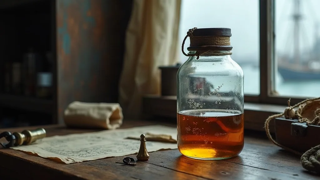 Bocal de verre au couvercle cerclé de cuir et corde, empli d'un liquide ambré, posé près d'une carte sur une table de bois usée face au port.