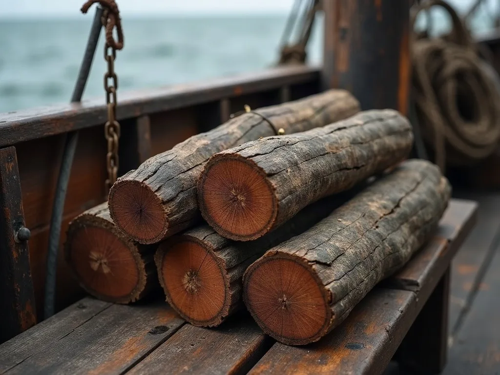 Billets de bois de teinture au cœur rouge sombre, empilés sur le pont usé d'un navire, chaîne et cordages à proximité.