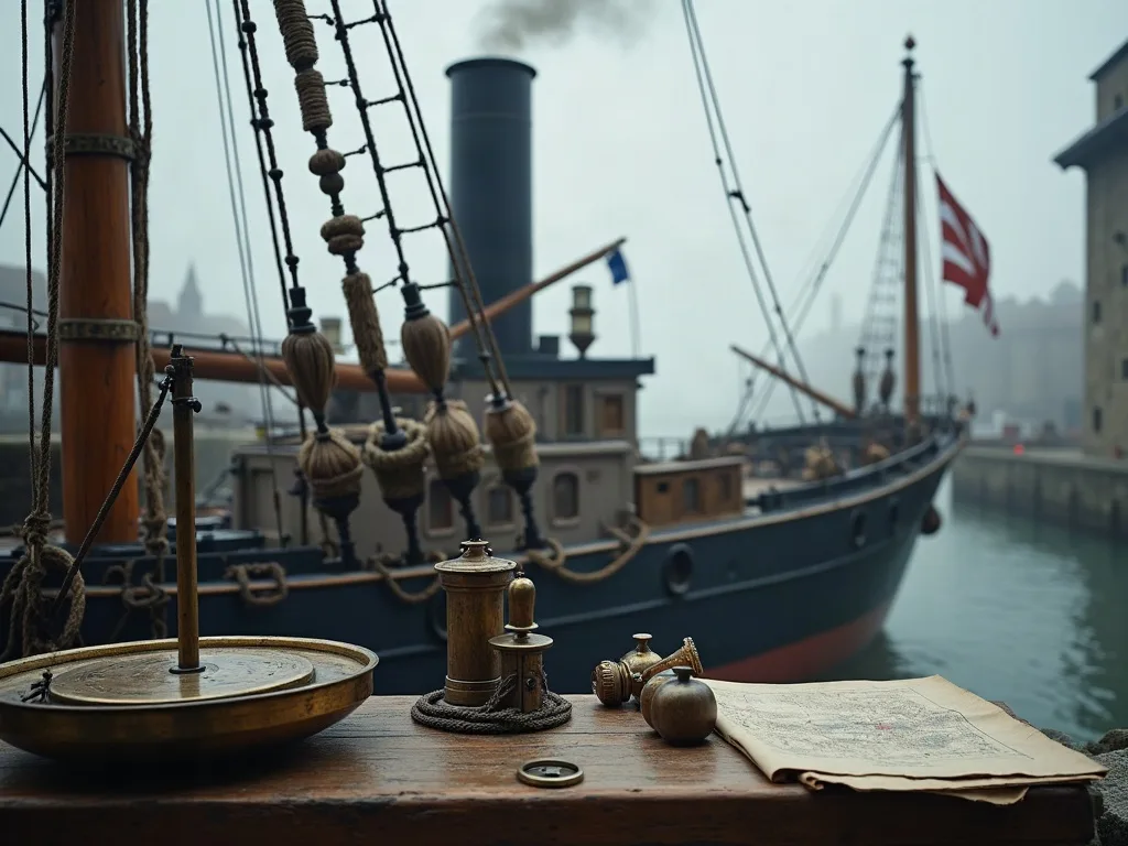 Instruments de laiton et carte marine posés sur un quai de bois, devant un chalutier à vapeur à cheminée haute dans la brume.