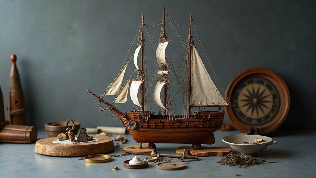 Maquette en bois d'un trois-mâts aux voiles de toile, posée sur socle près d'une rose des vents.