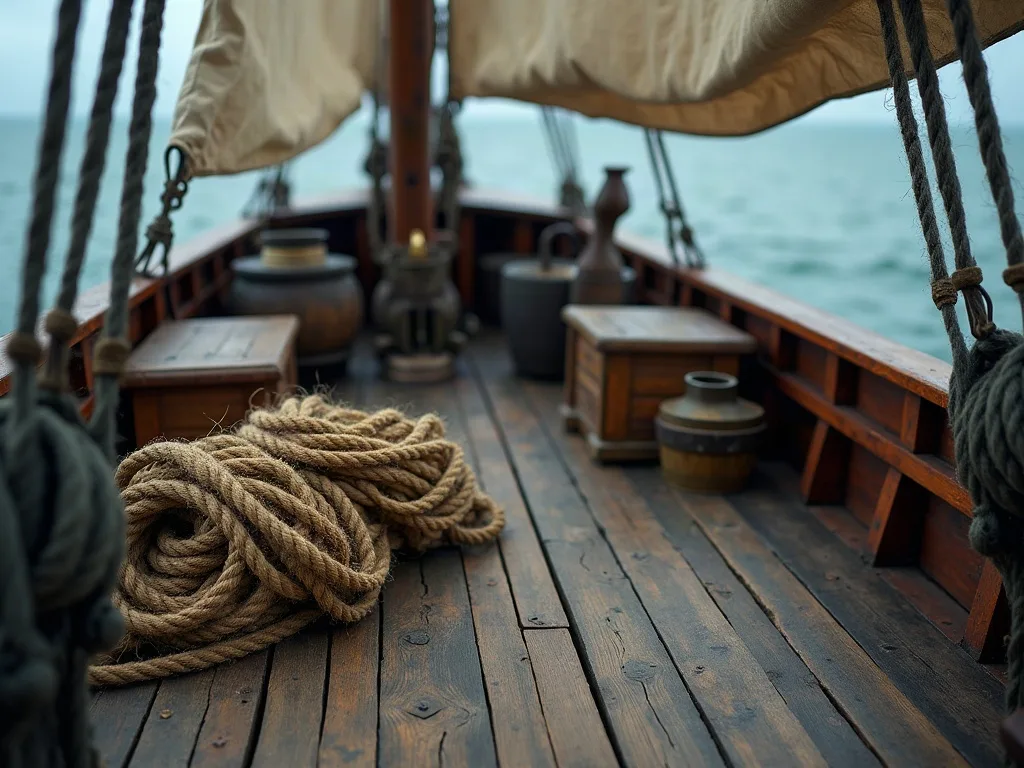 Cordage épais enroulé sur le pont en bois d'un voilier, avec voile beige gonflée et mer calme en arrière-plan.