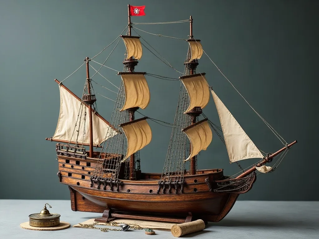 Maquette en bois d'un galion: coque vernie, gaillard d'arrière surélevé, voiles carrées de toile écrue et pavillon rouge, sur table grise.