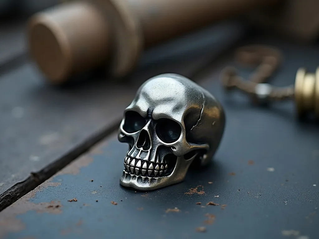 Bague tête de mort en acier patiné posée sur un plan d'atelier gris, maillet et outils flous derrière.