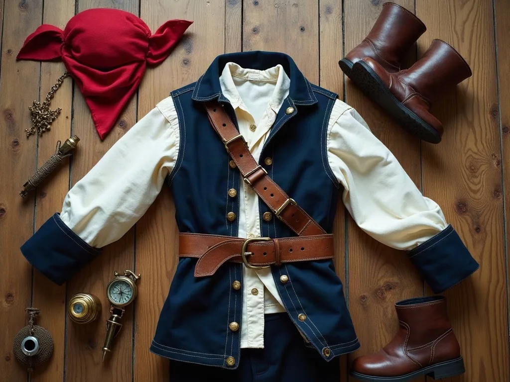 Bandana rouge, chemise écrue à manches bouffantes, gilet bleu marine à ceintures de cuir croisées et bottes brunes, posés sur un plancher.