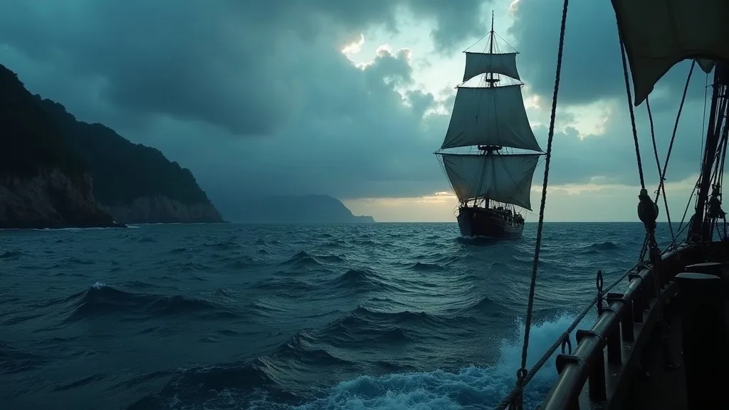 Voilier à trois-mâts naviguant en mer agitée sous un ciel orageux, avec falaises côtières en arrière-plan.