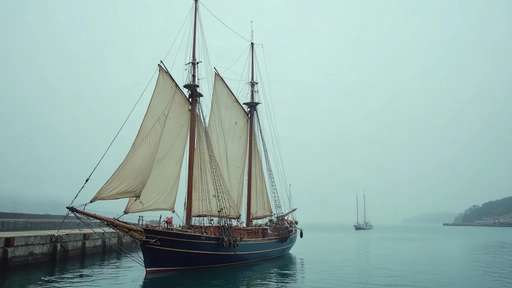Le ketch amarré le long du quai, mât principal à l'avant plus haut que le mât d'artimon, voiles écrues affalées dans la brume.