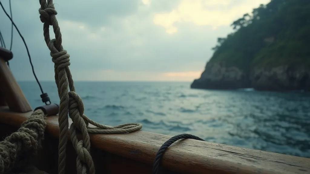 Cordages et bois d'un voilier face à une baie rocheuse et boisée sous ciel nuageux.