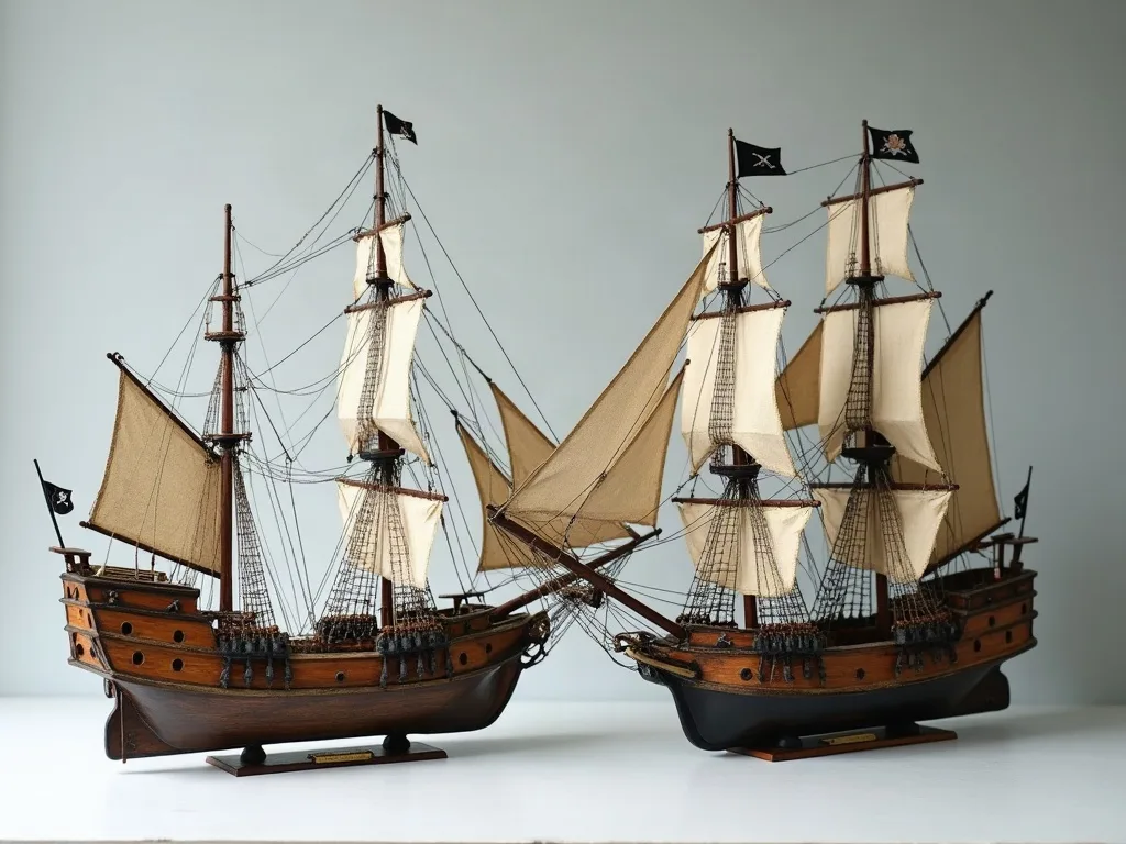 Deux maquettes de voiliers à voiles de toile et pavillons noirs, coques vernies posées sur socles de bois, proue contre proue.