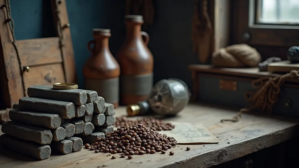 Barres d'argent grises empilées comme du lest, près de jarres en grès et de fèves de cacao répandues sur les planches.