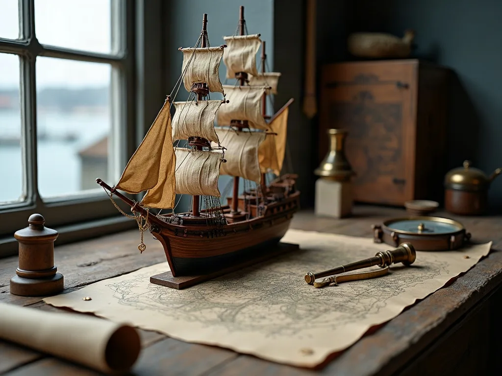 Maquette de galion à voiles de toile posée sur une carte marine, près d'un compas à pointes sèches en laiton.