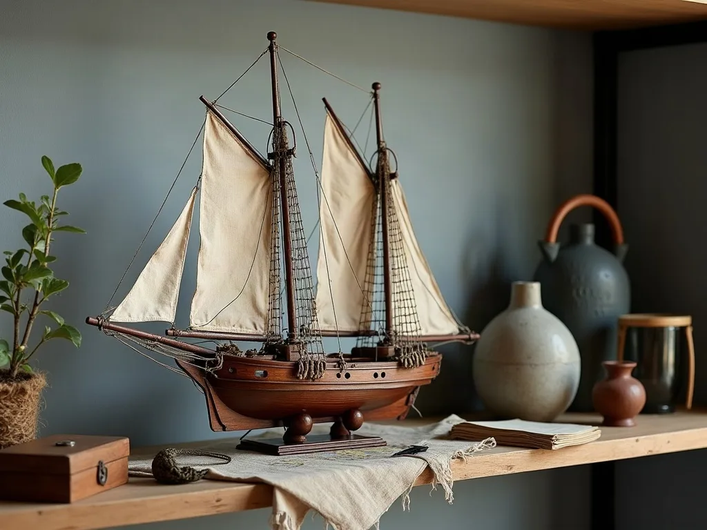 Maquette de voilier en bois à deux mâts, voiles écrues et gréement fin, posée sur une étagère près de poteries grises.