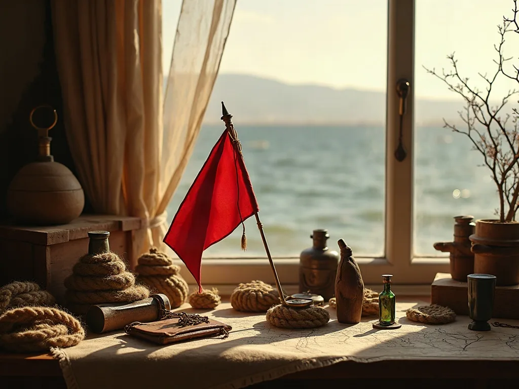 Petit drapeau rouge et objets marins exposés sur un rebord de fenêtre surplombant la mer.