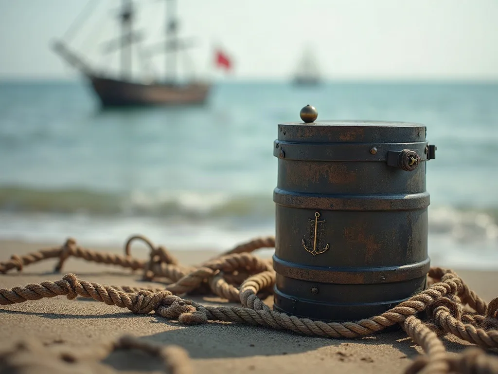 Baril métallique rouillé orné d'une ancre sur le sable, entouré de cordages, avec navires à l'horizon.