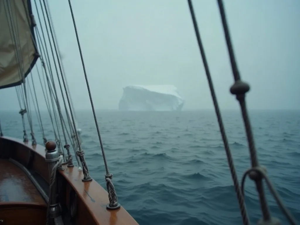 Depuis le pont verni d'un voilier, haubans et bôme cadrent un iceberg estompé par la brume au-dessus d'une mer grise.