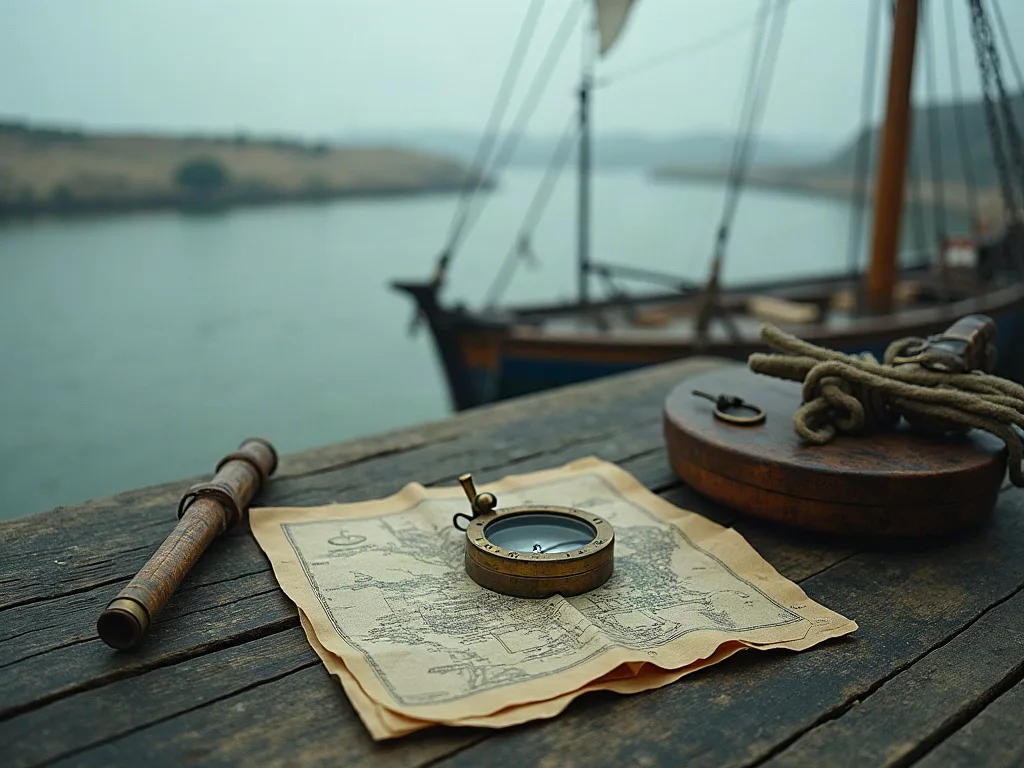 Sur un quai de bois, une carte marine, une boussole en laiton, une longue-vue et un cordage face à un voilier amarré dans la brume.
