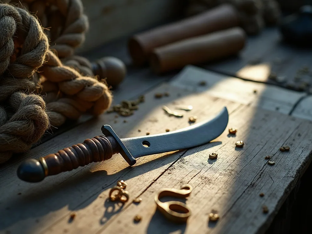 Sabre courbé reposant sur le bois usé d'un pont de navire, avec cordage épais enroulé à proximité.