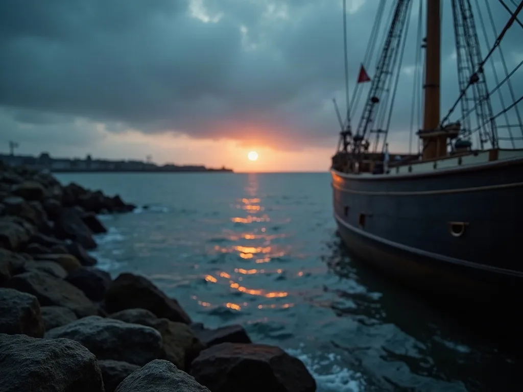 Voilier mouillé au coucher du soleil sur des eaux agitées, rochers sombres au premier plan et ciel nuageux à l'horizon.