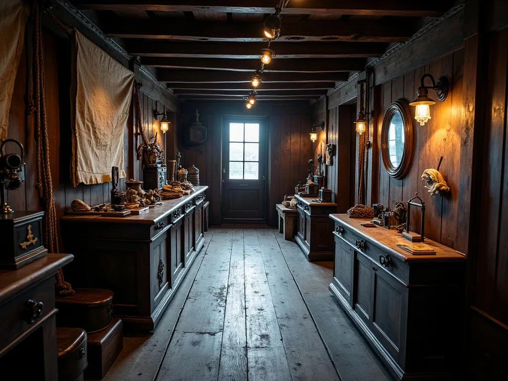 Entrepont lambrissé d'un voilier ancien: poutres basses, plancher usé, lampes à suspension et objets alignés sur les comptoirs.